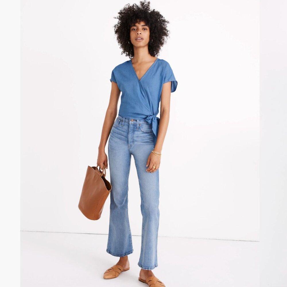 Madewell Denim Short-Sleeve Wrap Top in Faded Indigo